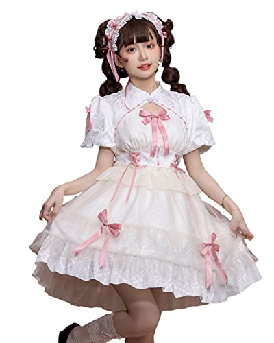[JIURUN] ワンピース ロリータ ゴスロリ 衣装 ロリータ コスプレ アニメ 大きいサイズ 森ガール 甘ロリ ゴシック ドレス 女装 服 メイド クリスマス ハロウィン お嬢様 かわいい (ホワイト(半袖), M)