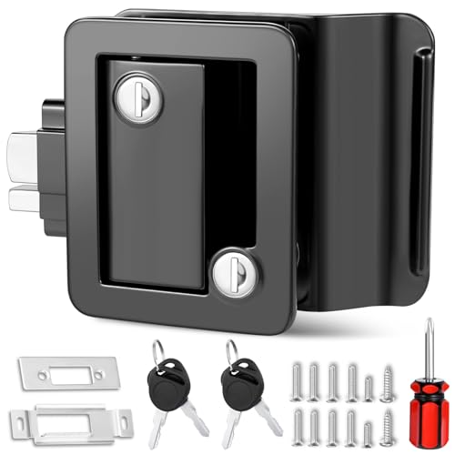 Image of RV Door Lock Replacement, 100% Metal Camper Door Handle Latch with Paddle Deadbolt, RV Enclosed Travel Trailer Entry Door Lock with Keys for Camper Horse Trailer Cargo Hauler - Black