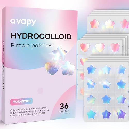 AVAPY Pimple Patches for Face, Cute Hydrocolloid Acne Patches, Colorful Hologram Star Sport Stickers, Zits & Blemish, Pimple Patch with Salicylic Acid, Blue Pink Star Heart Flower 12MM(36 Count)