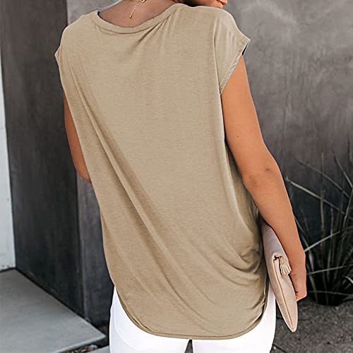 BSTBUWIN Túnica feminina solta com gola redonda e manga curta Destruída para o verão, Caqui, 3X-Larg