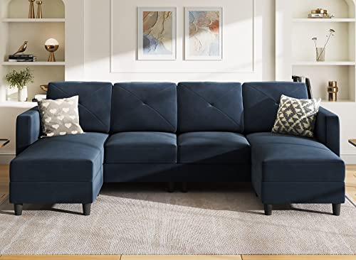 Convertible U Shaped Sofa Sectional Couch With Double Chaises 4 Seat Sofa For Living Room, Velvet Dark Blue #TOP27