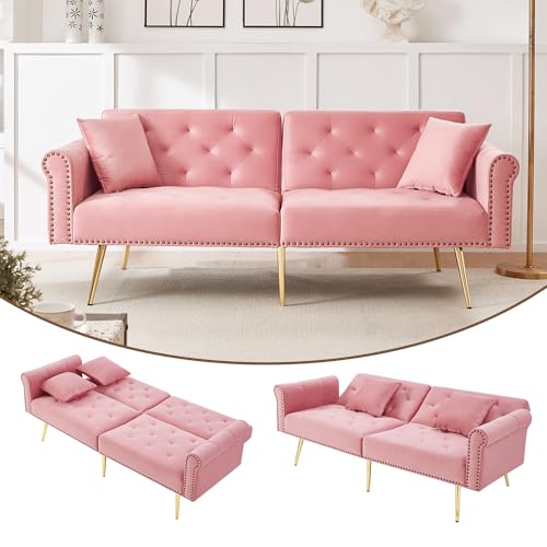 VIEKOS Sofá cama moderno de 2 plazas, funda de terciopelo, respaldo con 3 niveles de ajuste y patas de metal doradas, elegante sofá con función de dormir, ahorra espacio, resistente, ideal para