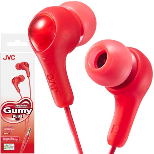 JVC Gumy in Ear Earbud Headphones with Paper Package, Powerful Sound, Comfortable and Secure Fit, Silicone Ear Pieces S/M/L - HAFX7RN (Red)