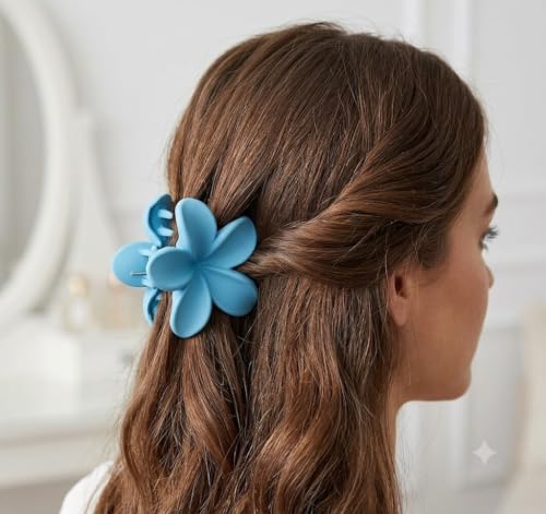 Image of Cute Sky Blue Hair & Jewelry Accessories Gift Set | Matte Flower Claw Clip, Metallic Shimmer Scrunchie, Pastel Hair Slides & Gold Hoop Earrings 4 Pieces