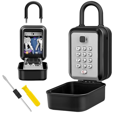 KTUEOV Caja Seguridad Llaves, 12 Digitos Caja Llaves con Codigo Impermeable Portátil Caja Fuerte Llaves con Gancho Extraíble Cajetin Llaves Exterior para Hogar Escuela Oficina Garage