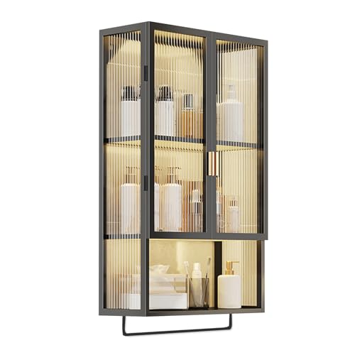 Gabinete de pared de baño de metal negro con puerta de cristal estantes ajustables y toallero