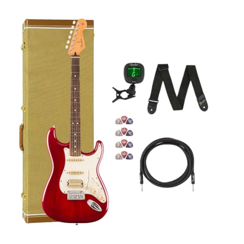 Fender Player II Stratocaster HSS Rosewood Fingerboard Transparent Cherry Burst Bundle with Hardcase, Cable, Tuner, Strap and Liberty Music Pick Pack(12)