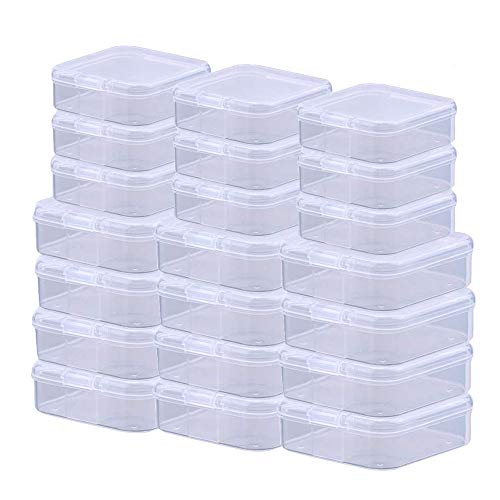 Rocutus Paquete de 24 recipientes pequeños de almacenamiento de plástico transparente con tapas, caja de almacenamiento de cuentas con tapa con bisagras para cuentas, tapones para los oídos, alfileres