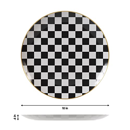 Trendables Checkered Disposable Plates Set For 20 People | 40 Pcs | Plastic Wedding Plates Checkered With Gold Rim | Heavy Duty Fancy Black And White Checkered Plastic Plates With Gold Rimmed Edge #TOP2