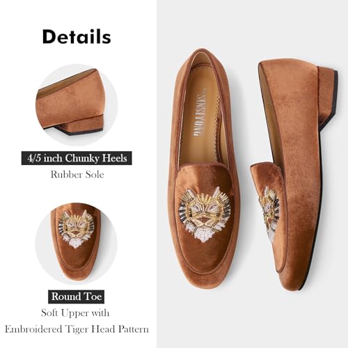 Image of Embroidered Loafers for Women Round Toe Chunky Heel Velvet Flats with Lion Head Pattern Wide Width Dress Casual Shoes