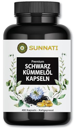 Aceite de comino negro Nigella Sativa – 400 cápsulas para 6 meses – 1000 mg dosis diaria con vitamina E – Aceite egipcio de comino negro de Sunnati – Prensado en frío en Alemania