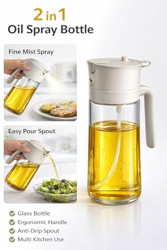 Image of Zollyss 2 in 1 Oil Dispenser and Sprayer, Glass Bottle with Fine Mist Spray Nozzle, Anti-Drip Pour Spout, Comfortable Handle Grip for Cooking and Salad (2 in 1 Oil Sprayer & Dispenser(600ml))