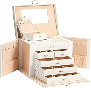 ADEL DREAM Large Lockable 5-Tier 5-Drawer Jewellery Box with Mirror, for Rings, Earrings, Necklaces and Bracelets, Elegant and Classic
