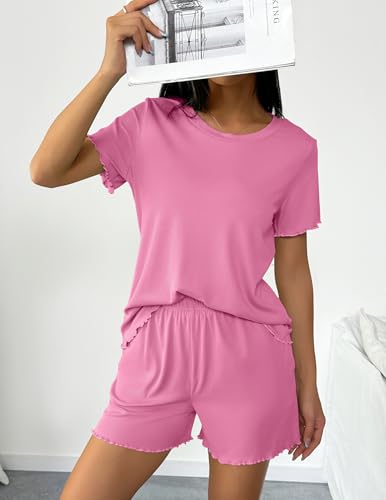 Image of Ekouaer 2 Packs Women Pajama Set Short Sleeve Sleepwear Soft Top and Shorts | Casual Pjs Outfits Ribbed Knit Lounge Set with Pockets