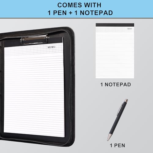 Image of Eshow Padfolio for Men Women, Leather Portfolio with Zipper - Professional Interview Resume Organizer with Card Holder, Writing Pad & File Folders for Business, Lawyer, Student