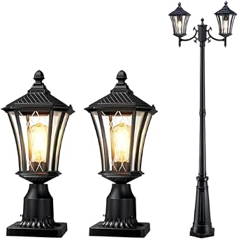 YSN 16" Outdoor Post Lights 2 Pack + 85" Solar Lamp Post Light, Retro Outside Lamp Posts, Black Outdoor Pole Lantern, Waterproof Light Posts for Outside Yard Garden Garage