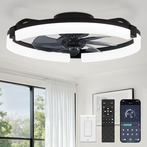 Image of LEDIARY 20 inch Ceiling Fans with Lights and Remote, Modern Low Profile Ceiling Fan, 3 CCT, Stepless Dimmable, Fandelier Flush Mount Fan Light, 6 Speeds, DC Motor, App & Remote Control for Bedroom(Black)