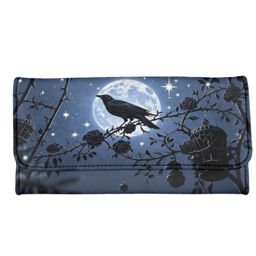 Moon Night Raven Slim Long Wallet for Women Black PU Leather Money Manager, Gothic Rose Thorn Zipper Billfold Wallet Clutch Organizer Credit Card Holder2