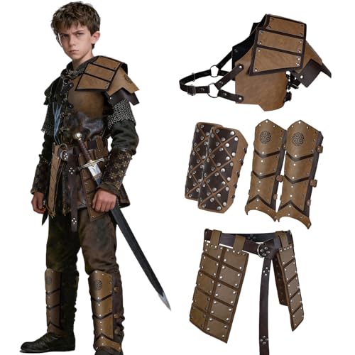 HiiFeuer Armure Médiévale pour Enfants 6 Pièces en Cuir Faux - Ensemble Épaule, Brassards, Jambières et Ceinture de Style Vintage (Marron A)