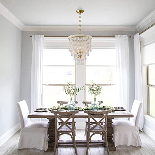 Bohemia Wood Beaded Chandelier,Farmhouse Antique Rustic Pendant Light 3-Light Gold Brass Bead Chandelier Light Fixture For Bedroom Dining Table Living Room,Distressed White #TOP2