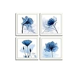 4 Panels Watercolor Blue Flower Wall Art - Abstract Flickering Flower Painting - Elegant Floral...