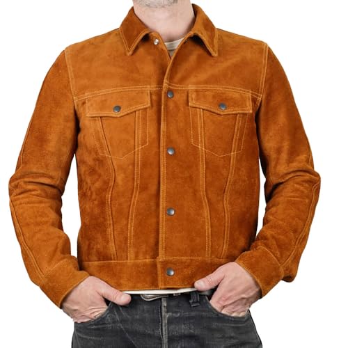Mens Trucker Suede Leather Jacket - Western Style Cowboy Leather Jacket Camel/Brown