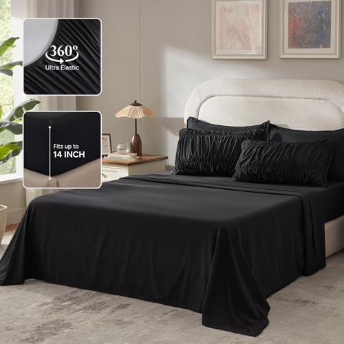 Image of Andency Ruched Full Size Comforter Sets Black, 7 Pieces Ruffle Bed Set in a Bag, Shabby Chic Pleat Bedding Set with Comforter, Sheets, Pillowcase & Sham, Lightweight, Soft, All Season