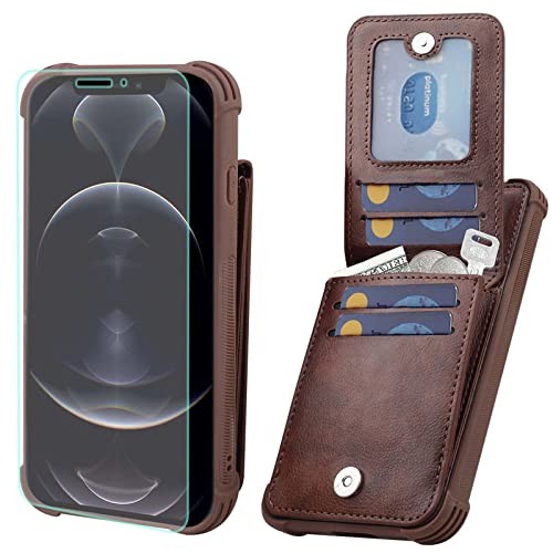 VANAVAGY Compatible for iPhone 12/12 Pro Wallet Case for Women and Men,Leather Magnetic Clasp Flip Folio Phone Cover with Credit Card Holder and Coin Pocket,Brown