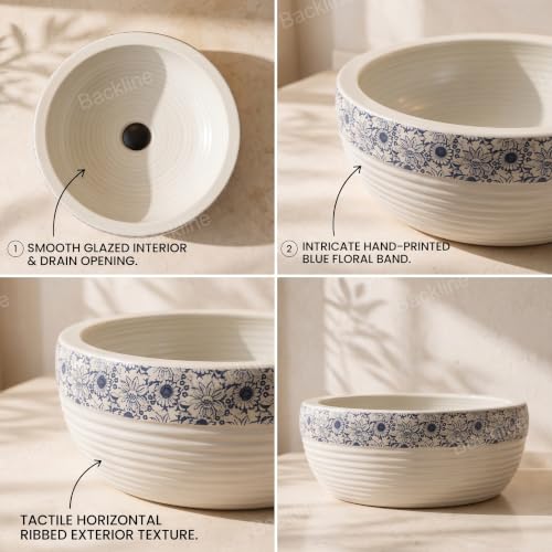Image of Backline Moroccan Table Top Wash Basin For Bathroom | Matt Basin | Countertop Basin For Home /Office /Hotels 41 X 41 X 14 Cm(White Blue Matt)(5 Years Warranty)