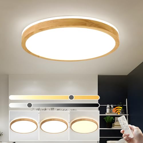 Plafonnier LED bois télécommandé 48W, grande lampe de plafond ronde pour couloir et bureau