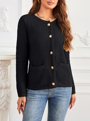 Image of Women's Casual Cardigan Sweaters Open Front Long Sleeve Button Down Crew Neck Knit Jackets with Pockets