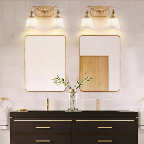 Image of LmnLvn 2‑Light Bathroom Vanity Light, Matte White with Crystal Glass Shade