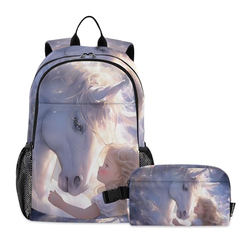 Travel Backpack Lunch Bag Set for Hiking Picnic, Backpacks with Insulated Lunch Box Unicorn with Girl Print