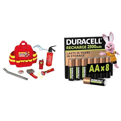 Theo Klein Fire Fighter Henry Rucksack, LED Taschenlampe, 3+ Jahre, & Duracell AA Akkus 8 Stück, 2500mAh