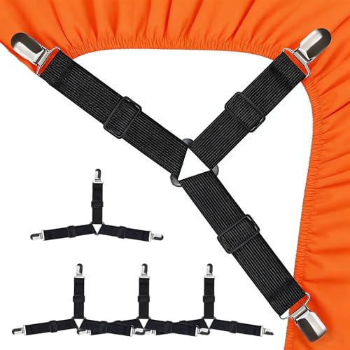 Hxjfnb Lot de 4 pinces pour draps, fixations de lit réglables, tendeurs pour drap de lit avec clips métalliques, pinces triangulaires pour draps, pour draps, matelas, canapé, planche à repasser (Noir)