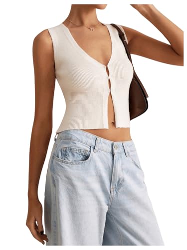 Image of SHENHE Women's Sleeveless Knitted V Neck Sweater Tank Split Hem Cropped Vest Cardigan Beige Small