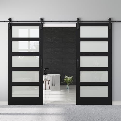 72 x 84 5-Lites Frosted Glass Double Barn Doors and 13.2FT Track Hardware Kit & Handle Easy Assembly for Mortise and Tenon Structure Water & Scratch Resistant MDF Sliding Barn Door Pre-Drilled