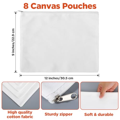 8 Pack Blank Canvas Makeup Bag, White 12 x 9 Inch Zipper Pouch Multipurpose Cosmetic Bag for DIY, Travel Organizer, Stationery Storage2