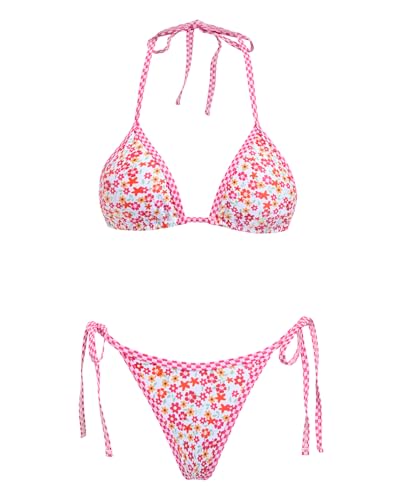 Image of Women's Triangle Bikini Set String Swimsuit Print Tie Smocked Ruched Two Piece Bathing Suit