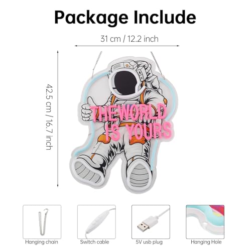 Image of The World Is Yours Neon Signs, 17 Inch Astronaut Neon Light USB Powered for Bedroom Game Room Kids Dimmable LED Word Light Plug and Play