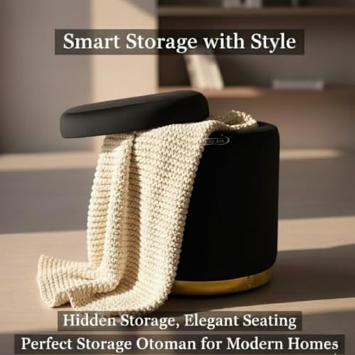 Image of Velvet Round Single Strip Ottoman Office Stool Foot Rest Stool Velvet Fabric Padded Seat Pouf Ottoman 13 X 13X 16 inch, in Round Shape for Living Room Black