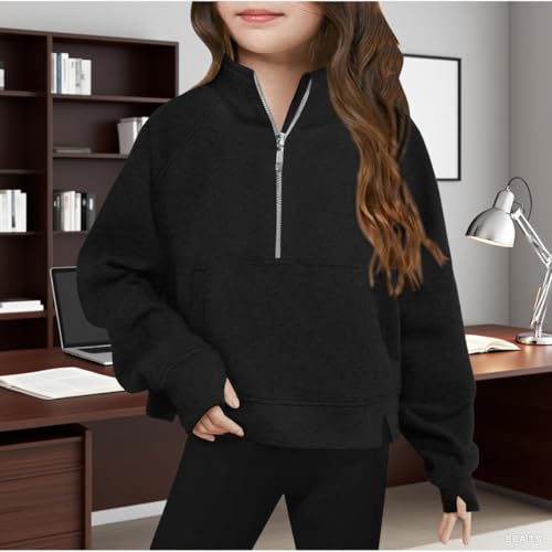 Girls Half Zip Sweatshirt Cropped Pullover Long Sleeve Sweat Shirt Lightweight Tops Fleece Winter Clothes Thumb Hole3