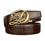 xichuangyuXCY Cintura casual da uomo in pelle a cricchetto con motivo coccodrillo lucido retrò cintura pantaloni personalizzati per jeans, Coccodrillo marrone+oro, 120 cm