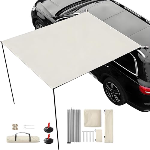 Kit de Toldos para Coche 200x300cm, con 2 Postes, 8 Cuerdas de Amarre, 8 Estacas, 2 Ventosas, Bolsa de Almacenaje y Saco de Transporte, UPF50+, PU3000+ Impermeable, para Aventuras Off-Road (Blanco)
