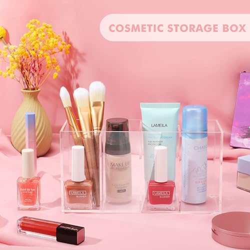 Image of 4 Compartment Acrylic Makeup Organizer with Lid - Clear Cosmetic Storage Box with 4 Trays for Eyelash, Mascara, Brushes, Cotton Balls, Bathroom & Office Use