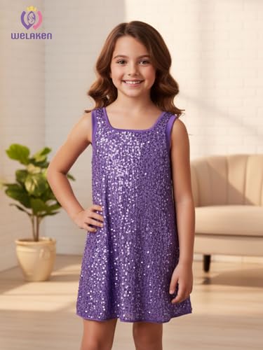 WELAKEN Girls' Sequin Dress A-Line Sleeveless Sparkly Gown Party Dresses with Faux Fur Trim2