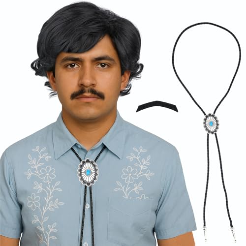 AMZCOS Short Black Wig for Men with Mustache and Bolo Tie for Mens Funny Costume 70s 80s Shag Cosplay Wig for Halloween Party