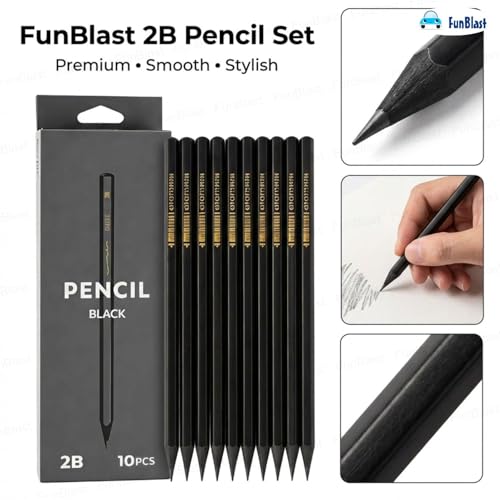 Image of FunBlast 2B Pencils - Pack of 10 Pcs Black Wood Art Pencils for Writing, Sketching, Drafting and Calligraphy, Aesthetic Pencil Set for Kids, Adults, School & Office