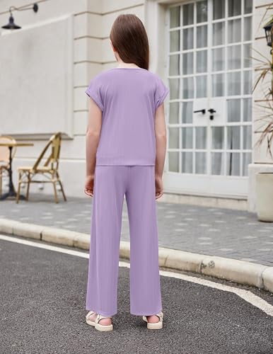 Image of Arshiner Girls Summer 2 Piece Outfits Ribbed Short Sleeve Twist Front Tops and Wide Leg Pants Kids Loungwear Set Tracksuit