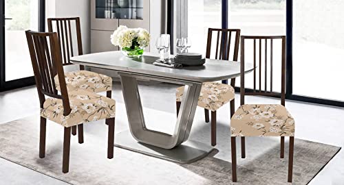 BRIDA Stretchable Floral Geometric Printed Dining Chair Seat Covers Elastic Chair Seat Case Protector, Slipcovers (Biege Flowers, 4 Seat Cover)